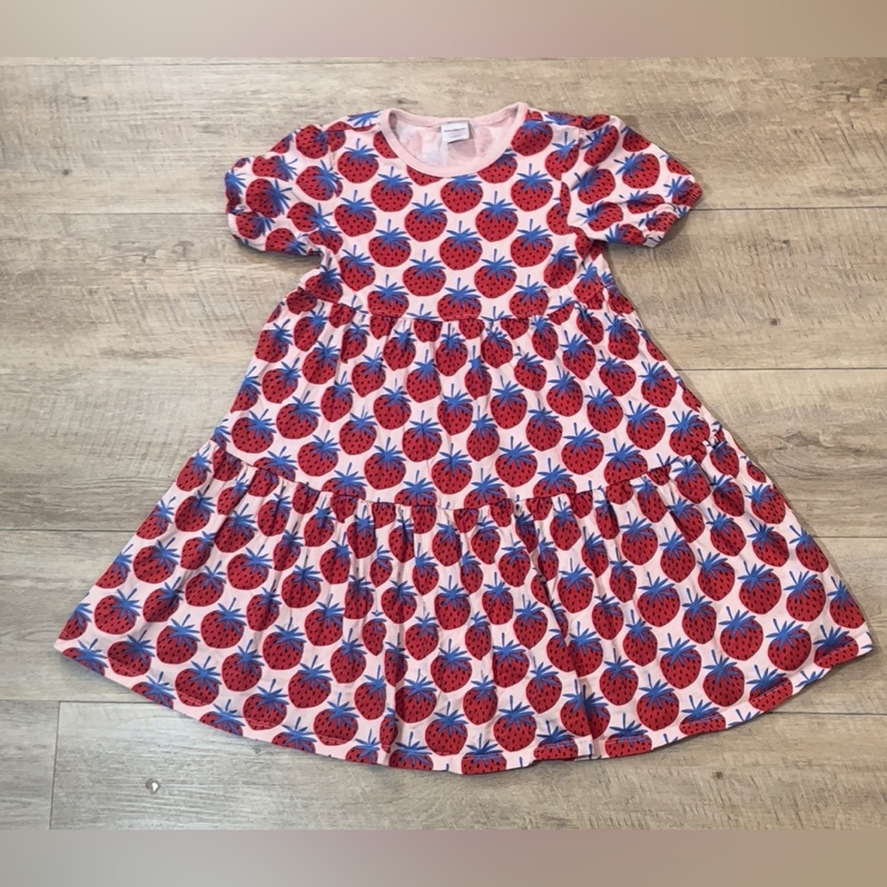 Hanna Andersson Girl’s Strawberry Print Cotton Tiered Dress Size 8